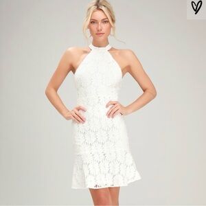 Lulus • Song of the Night White Lace Trumpet Hem Halter Dress Size XS NWT